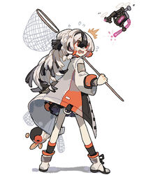  ankle_boots arknights black_skirt black_socks boots butterfly_net coat drone female flying_sweatdrops from_behind full_body grey_hair hand_net holding holding_butterfly_net long_hair looking_at_object multicolored_hair open_clothes open_coat open_mouth orange_eyes orange_hair scared shadow simple_background skirt snowsant_(arknights) socks solo stuffed_toy thurim6 very_long_hair white_background white_coat white_footwear white_hair 