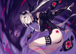  666 bare_shoulders black_eyes black_gloves breasts bridal_gauntlets cleavage colored_sclera commentary_request earrings female fingernails frills gloves glowing glowing_eye hair_between_eyes highres horns jewelry kusano_shinta long_hair monster mouth_hold original puffy_sleeves purple_eyes red_sclera shadow single_earring slime_(substance) smile solo teeth_hold thigh_strap twintails white_hair 