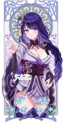  art_nouveau blue_flower breasts cleavage commentary felielle female flower forget-me-not_(flower) genshin_impact japanese_clothes kimono long_braid long_hair looking_at_viewer medium_breasts obi parted_lips purple_eyes purple_hair purple_kimono raiden_shogun red_sash sash solo standing thighhighs thighs very_long_hair 