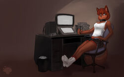  16:10 anthro bottomwear brown_body brown_fur canid canine chair clothing collar computer desk digital_media_(artwork) drawing_tablet electronics female footwear fox full-length_portrait fur furniture hair holding_object holding_pen kanie_(kanel) looking_at_viewer mammal pen portrait red_hair reddyeno5 shirt shorts signature simple_background sitting socks solo table tank_top topwear trash_can widescreen 