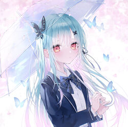  absurdres bad_id bad_pixiv_id blue_bow blue_bowtie blue_butterfly blue_jacket bow bowtie bug butterfly butterfly-shaped_pupils butterfly_hair_ornament cherry_blossoms closed_mouth commentary_request female flat_chest gradient_hair green_hair hair_ornament highres holding holding_umbrella hololive jacket light_blush long_hair long_sleeves looking_at_viewer mashiro_shiki multicolored_hair official_alternate_costume pink_hair plaid plaid_bow plaid_bowtie red_eyes school_uniform shirt sidelocks solo symbol-shaped_pupils symbol_in_eye transparent transparent_umbrella umbrella upper_body uruha_rushia uruha_rushia_(school_uniform) very_long_hair virtual_youtuber white_shirt 