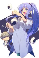  1boy blue_eyes blue_hair blush bowl_cut breasts chibi dress echo_(circa) fate/grand_order fate_(series) female food grey_hair long_hair medea_(lily)_(fate) onigiri open_mouth pointy_ears ponytail sidelocks small_breasts smile very_long_hair watanabe_no_tsuna_(fate) white_dress 