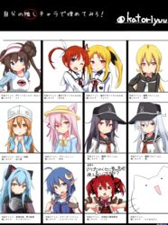  6+girls :3 absurdres akatsuki_(kancolle) anchor_symbol aqua_eyes aqua_hair azur_lane black_hair black_serafuku blonde_hair blue_eyes blue_hair breasts brown_eyes brown_hair chart commentary_request crescent crescent_hair_ornament crossover double_bun double_thumbs_down eiyuu_densetsu fate_testarossa flat_cap grey_hair hair_between_eyes hair_bun hair_ornament hat hataraku_saibou hibiki_(kancolle) highres iris_(shikkakumon) kantai_collection karameru_(character) kindergarten_uniform kisaragi_(azur_lane) long_hair looking_at_viewer lyrical_nanoha mahou_shoujo_lyrical_nanoha medium_breasts mizuki_nana multiple_crossover multiple_girls partially_translated pink_eyes pink_hair platelet_(hataraku_saibou) pointy_ears pokemon pokemon_bw2 red_eyes red_hair rena_lanford rosa_(pokemon) satsuki_(kancolle) school_uniform serafuku shikkakumon_no_saikyou_kenja sidelocks small_breasts star_ocean star_ocean_the_second_story takamachi_nanoha thumbs_down tio_plato translation_request twintails visor_cap voice_actor_connection yuu_(alsiel) zero_no_kiseki 