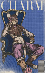  2023 absurd_res accessory adobe_photoshop_(artwork) anthro arm_support barcode beret black_nose blue_background blue_chair bottomwear brown_body brown_clothing brown_fur brown_hat brown_headwear brown_topwear chair claws clothed clothing cover crop_top digital_drawing_(artwork) digital_media_(artwork) english_text felid feline finger_claws flower flower_in_hair full-length_portrait fur furniture hair hair_accessory hat headgear headwear hi_res hibiscus leaning leaning_on_elbow literaldeerirl looking_at_viewer magazine_cover male male_anthro mammal midriff on_chair pants pawpads pink_eyes pink_hair pink_pawpads plant portrait purple_bottomwear purple_clothing purple_pants screentone serval shaded shirt simple_background sitting sitting_on_chair snout solo tan_body tan_fur text toe_claws topwear white_text 