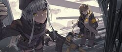  2girls absurdres acog armband assault_rifle beret eotech fujita_(condor) girls&#039;_frontline gloves grip gun h&amp;k_hk416 h&amp;k_ump hat highres hk416_(girls&#039;_frontline) holding holding_gun holding_weapon multiple_girls pantyhose rifle submachine_gun suppressor tactical_clothes thighhighs ump45_(girls&#039;_frontline) wading weapon yellow_armband 