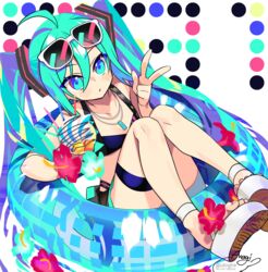  ahoge bare_shoulders black_skirt blue_eyes blue_hair blush breasts closed_mouth collarbone commentary_request english_text eyewear_on_head female flower food hair_between_eyes hand_up hatsune_miku highres innertube long_hair looking_at_viewer multicolored_hair negi_(ulog&#039;be) pleated_skirt pocky red_flower sandals shoe_soles signature simple_background sitting skirt small_breasts solo sunglasses swim_ring toes twintails twitter_username two-tone_hair v very_long_hair vocaloid white-framed_eyewear white_background white_footwear 