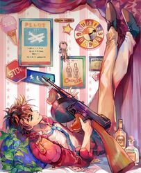  1boy alcohol battle_tendency bottle brown_hair clock coat collarbone drawing_(object) food green_eyes gun holding holding_gun holding_weapon huan_li ice_cream jacket jojo_no_kimyou_na_bouken joseph_joestar joseph_joestar_(young) key keyring leaf legs_up looking_at_viewer lying male_focus necktie on_back padded_coat pants picture_frame poker quilted_coat road_sign shirt shoes sign smile solo stop_sign submachine_gun thompson_submachine_gun vodka weapon white_shirt 