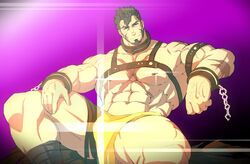  1boy abs absurdres ass_visible_through_thighs bara bare_pectorals blush brown_hair bulge chains chest_harness collar cross_scar cuffs facial_hair flaming_eye goatee handcuffs harness heracles_(housamo) highres kill_la_kill kito_(clamp5656) large_pectorals loincloth long_sideburns looking_at_viewer male_focus metal_collar muscular muscular_male navel nipples pectorals revealing_clothes scar scar_on_chest short_hair sideburns solo sparkle spread_legs thick_thighs thighs tokyo_afterschool_summoners 