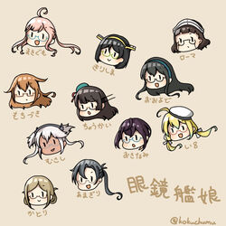  6+girls :&gt; :o ahoge amagiri_(kancolle) black_hair brown_hair character_name choukai_(kancolle) choukai_kai_ni_(kancolle) commentary_request dark-skinned_female dark_skin folded_ponytail glasses glasses_day hairband hat headgear i-8_(kancolle) kamoku_nagi kantai_collection katori_(kancolle) kirishima_(kancolle) kirishima_kai_ni_(kancolle) light_brown_hair low_twintails makigumo_(kancolle) mochizuki_(kancolle) multiple_girls musashi_(kancolle) musashi_kai_ni_(kancolle) okinami_(kancolle) ooyodo_(kancolle) open_mouth pink_hair pointy_hair roma_(kancolle) side_ponytail smile trait_connection translated twintails white_hair 