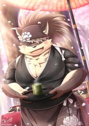  anthro asian_clothing bandana blush canid canine canis cherry_blossom clothing container cup domestic_dog east_asian_clothing flower hair hair_over_eye japanese_clothing kerchief kimono lifewonders male mammal moobs one_eye_obstructed overweight overweight_anthro overweight_male pecs plant ponytail prunus_(flower) ren_izayoi scar serving_tray shino_(tas) smile solo steam tea_cup tokyo_afterschool_summoners umbrella waiter waiter_tray 