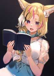  animal_ear_fluff animal_ears black_hair blonde_hair blue_skirt blush book breasts eyes_visible_through_hair female flower fox_ears hair_flower hair_ornament hair_over_shoulder hair_ribbon heart heart-shaped_pupils highres holding holding_book hololive kasumi_komo long_hair medium_breasts multicolored_hair official_alternate_costume omaru_polka omaru_polka_(street_casual) open_book open_mouth pink_hair purple_eyes ribbon see-through see-through_sleeves shirt short_sleeves skirt solo streaked_hair symbol-shaped_pupils upper_body virtual_youtuber white_flower white_shirt 