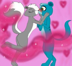  2016 blush closed_eyes duo female feral fur hand_on_face hasbro herpestid jimfoxx kiss_on_lips kissing littlest_pet_shop littlest_pet_shop_(2012) male male/female mammal mephitid mongoose nude on_hind_legs paws pepper_clark raised_leg raised_tail skunk standing sunil_nevla tail tiptoes wide_eyed 