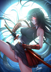  adsouto akame akame_ga_kill! bangs bare_shoulders belt black_gloves black_hair black_legwear breasts elbow_gloves female gloves glowing glowing_eyes hair_between_eyes highres holding holding_sheath holding_sword holding_weapon katana long_hair looking_at_viewer medium_breasts moon moonlight necktie night night_sky panties red_belt red_eyes sheath shirt skirt sky sleeveless solo sword underwear vambraces very_long_hair weapon white_panties 