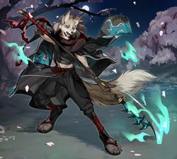  action_pose asian_mythology bandage bandaged_leg brown_body brown_fur canid canine cherry_blossom cherry_blossom_tree cherry_tree clothing crop_top dark_sclera east_asian_mythology fighting_pose fire flame_pattern flower footwear fox fruit_tree fur genji green_eyes hi_res holding_object holding_weapon japanese_mythology male mammal melee_weapon moon mythology naginata night open_mouth outside paws plant polearm pose prunus_(flower) sandals scarf shirt solo topwear tree weapon windwttom yokai 