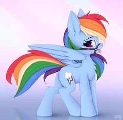  ass blue_body blush bridle equid equine female feral friendship_is_magic hasbro hi_res horse looking_at_viewer mammal my_little_pony omiart pony purple_eyes rainbow_dash_(mlp) side_view smile solo tail tongue tongue_out wings 