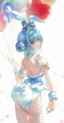  animal_ears ass balloon bare_shoulders bicute_bunnies_miku blue_bow blue_eyes blue_hair bow breasts character_name commentary cowboy_shot double_bun ear_bow fake_animal_ears fake_tail female fishnet_pantyhose fishnets from_behind grey_background hair_bun hatsune_miku heart_balloon highres holding holding_balloon leotard looking_at_viewer looking_back medium_breasts pantyhose parted_lips petals playboy_bunny rabbit_ears rabbit_tail sidelocks simple_background solo standing symbol-only_commentary tail tied_ears vocaloid white_leotard wrist_cuffs yon_(tellmedoor) 