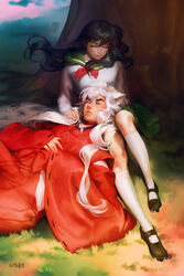  1boy absurdres animal_ears black_hair closed_eyes dog_ears female grass green_skirt highres higurashi_kagome inuyasha inuyasha_(character) japanese_clothes kneehighs lap_pillow long_hair manda_schank photoshop_(medium) sailor_collar school_uniform shade skirt sleeping socks tree white_hair 