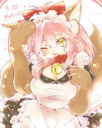  ;p alternate_costume animal_ear_fluff animal_ears animal_hands apron bell breasts cat_paws cleavage collar commentary_request enmaided fate/grand_order fate_(series) female fox_ears fox_girl fox_tail gloves hair_ribbon jingle_bell large_breasts long_hair maid maid_apron maid_day maid_headdress mokutanuko neck_bell one_eye_closed paw_gloves pink_hair ponytail red_ribbon ribbon solo tail tamamo_(fate) tamamo_cat_(fate) tamamo_cat_(second_ascension)_(fate) tongue tongue_out white_apron yellow_eyes 