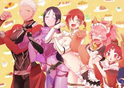  1boy 4girls ;) ;d animal_ears animal_hands apron archer_(fate) arm_pump bad_id bad_twitter_id bell benienma_(fate) boudica_(fate) breasts collar dark-skinned_male dark_skin fate/grand_order fate/stay_night fate_(series) food-themed_background fox_ears fox_tail gloves highres large_breasts minamoto_no_raikou_(fate) multiple_girls navel neck_bell oerba_yun_fang one_eye_closed open_mouth paw_gloves pink_hair ponytail purple_hair red_hair smile tail takashi_(onikukku) tamamo_(fate) tamamo_cat_(fate) tamamo_cat_(second_ascension)_(fate) trait_connection white_hair wide_sleeves 