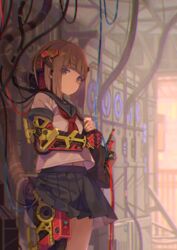  bag blunt_bangs brown_eyes brown_hair cable clothes_lift cyborg expressionless female fence hair_ornament holding holding_bag indoors looking_at_viewer machinery mechanical_arms mechanical_legs mechanical_parts navel neckerchief original red_scarf sailor_collar scarf school_uniform serafuku short_hair shoulder_bag sidelocks single_mechanical_arm single_mechanical_leg skirt skirt_lift solo tomioka_jirou 