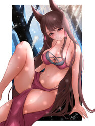  absurdres akagi_(azur_lane) akagi_(paradise_amaryllis)_(azur_lane) animal_ears arms_behind_back azur_lane bikini blush breasts brown_hair cleavage feet_out_of_frame female fox_ears fox_girl hair_ornament hairclip highres kashiwanko knee_up legs long_hair medium_breasts navel outdoors red_bikini red_eyes signature smile solo swimsuit thighs very_long_hair 