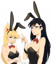  2girls absurdres alternate_costume animal_ears artist_name black_hair black_leotard blonde_hair blue_eyes bow bowtie breasts burn_the_witch cleavage closed_mouth collaboration crossed_arms detached_collar english_commentary fake_animal_ears fox_shadow_puppet green_eyes hair_between_eyes hand_up highres large_breasts leotard long_hair medium_breasts multiple_girls niihashi_noel ninny_spangcole playboy_bunny rabbit_ears rakusakugk red_bow red_bowtie smile stayaliveplz white_background white_wrist_cuffs wrist_cuffs 