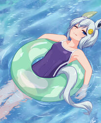  absurdres animal_ears blue_eyes blue_hair breasts closed_mouth competition_school_swimsuit covered_navel feet_out_of_frame female from_above hair_ornament hairclip highres horse_ears horse_girl horse_tail innertube lexis_yayoi looking_at_viewer one-piece_swimsuit one_eye_closed partially_submerged purple_one-piece_swimsuit ripples school_swimsuit seiun_sky_(umamusume) short_hair signature small_breasts smile solo swim_ring swimsuit tail tracen_swimsuit umamusume water 