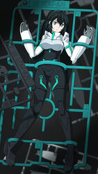  black_hair bound female green_eyes grey_background gundam gundam_build_divers gundam_build_divers_re:rise gunpla hair_behind_ear head_tilt highres laofuzi_dai_bansho long_hair looking_at_viewer may_(gundam_build_divers_re:rise) mini_person minigirl mobile_doll_may model_kit open_hands parted_lips restrained solo sprue stationary_restraints tied_up_(nonsexual) very_long_hair 