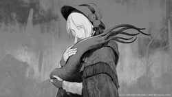  artist_name bloodborne closed_eyes closed_mouth creature doll_joints female fingerless_gloves flower from_side gloves gradient_background greyscale hat hat_flower highres hug hunter_(great_one)_(bloodborne) joints l_aciel long_sleeves monochrome parted_bangs plain_doll short_hair slug solo upper_body web_address 