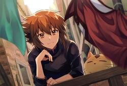  1boy animal brown_eyes brown_hair building closed_mouth dated duplicate eyebrows_visible_through_hair feline fingernails hair_between_eyes leaning leaning_forward light_brown_hair light_particles light_rays mikami_(mkm0v0) outdoors signature smile wind yu-gi-oh! yu-gi-oh!_gx yuuki_juudai 