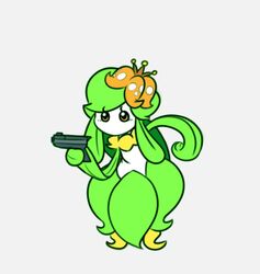  accessory ambiguous_gender delet_this dewbber elemental_creature flora_fauna flower flower_in_hair generation_5_pokemon green_body green_hair gun hair hair_accessory humanoid lilligant meme mouthless nintendo plant pokemon pokemon_(species) ranged_weapon simple_background solo standing weapon white_body yellow_eyes 