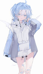  absurdres ahoge bad_id bad_pixiv_id bandaid bandaid_on_hand bandaid_on_knee bandaid_on_leg bandaid_on_thigh blue_eyes blue_hair blush commentary_request cowboy_shot crossed_bandaids demon_wings female grey_hoodie hair_intakes hair_ornament hairclip highres hood hoodie long_hair long_sleeves looking_at_viewer mashiro_shiki original parted_lips solo two_side_up wings x_hair_ornament 