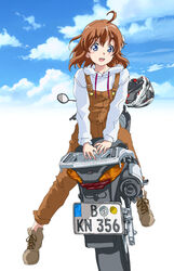  bakuon!! blue_eyes blue_sky brown_hair brown_overalls cloud cloudy_sky female german_license_plate hair_between_eyes hal-py helmet highres honda honda_varadero_125 hood hoodie license_plate looking_at_viewer motor_vehicle motorcycle motorcycle_helmet open_mouth overalls sakura_hane short_hair sky solo 