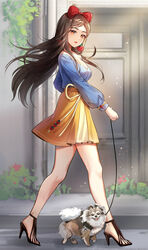  apple_earrings blue_shirt bow breasts brown_hair canine chibi_vanille cleavage earrings female food-themed_earrings full_body hairbow high_heels highres jewelry leash long_hair looking_at_viewer looking_to_the_side off-shoulder_shirt off_shoulder open_mouth outdoors parted_bangs pet_walking red_bow shirt skirt snow_white yellow_skirt 