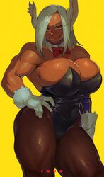  absurd_res animal_humanoid athletic athletic_female big_breasts black_clothing black_legwear black_leotard black_tights breasts bunny_costume clothing costume dark_body dark_skin female gloves hair hand_on_hip handwear hi_res huge_breasts humanoid ibuo lagomorph lagomorph_humanoid legwear leotard leporid_humanoid looking_at_viewer mammal mammal_humanoid muscular muscular_female my_hero_academia pantyhose playboy_bunny rabbit_humanoid red_eyes rumi_usagiyama simple_background solo strapless_clothing strapless_leotard thick_thighs tights white_hair wide_hips 