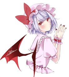  bad_id bad_twitter_id bat_wings black_nails blush bow closed_mouth dress female hands_up hat hat_bow highres looking_at_viewer mob_cap own_hands_together pink_dress pink_hat pink_sleeves puffy_short_sleeves puffy_sleeves purple_hair red_bow red_eyes remilia_scarlet short_hair short_sleeves signature simple_background solo souta_(karasu_no_ouchi) touhou white_background wings wrist_cuffs 