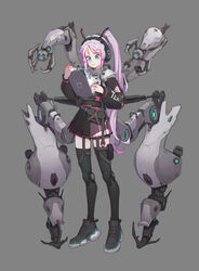  absurdres android asymmetrical_clothes black_buruma black_footwear black_skirt black_thighhighs blue_eyes buruma chinese_commentary commentary_request cyborg extra_arms female full_body grey_background highres joints lan_mao_akko legs light_purple_hair long_hair long_sleeves mecha_musume mechanical_arms mechanical_legs miniskirt multicolored_hair original pink_hair pleated_skirt ponytail pouch purple_hair red_hair robot robot_joints science_fiction see-through shoes simple_background single_mechanical_arm skirt sneakers solo standing streaked_hair stylus tablet_pc thigh_strap thighhighs very_long_hair zettai_ryouiki 