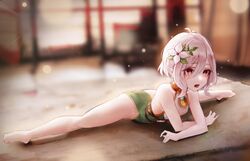  absurdres antenna_hair arm_support ass athletic_leotard bad_id bad_pixiv_id bare_legs bare_shoulders barefoot blurry blurry_background commentary elf feet female flexible flower full_body grey_hair hair_between_eyes hair_flower hair_ornament highres kokkoro_(princess_connect!) legs leotard leviathan_(hikinito0902) light_particles lying on_stomach open_mouth pink_eyes pointy_ears princess_connect! short_hair solo split spread_legs straddle_split thighs white_flower 