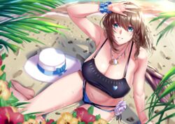  bare_shoulders bikini black_bikini blue_bikini braid breasts brown_hair charlotte_corday_(fate) charlotte_corday_(swimsuit_caster)_(fate) charlotte_corday_(swimsuit_caster)_(first_ascension)_(fate) cleavage collarbone commentary_request fate/grand_order fate_(series) female flower green_eyes hat highres jewelry large_breasts looking_at_viewer mismatched_bikini navel necklace pendant short_hair side_braid solo sun_hat swimsuit thighs white_hat yuhica 