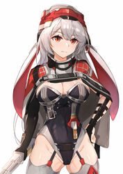  absurdres armored_leotard black_gloves black_leotard breasts charolic_(girls&#039;_frontline_2) covered_navel cowboy_shot elbow_gloves female garter_straps girls&#039;_frontline girls&#039;_frontline_2:_exilium gloves grey_hair grey_thighhighs highres leotard long_hair mechanical_ears medium_breasts muteppona_hito red_eyes single_elbow_glove solo standing thighhighs 