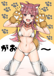  absurdres ahoge animal_collar animal_ears animal_hands artist_name backpack bag bed_sheet bikini breasts collar commentary female footprints full_body gao gloves groin halterneck highres idolmaster idolmaster_shiny_colors kemonomimi_mode kneeling komiya_kaho long_hair looking_at_viewer mabanna navel oerba_yun_fang on_bed open_mouth paw_gloves paw_pose paw_print randoseru red_collar red_eyes red_hair signature small_breasts smile solo string_bikini swimsuit thighhighs translated white_bikini white_thighhighs 