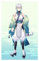  1boy absurdres animal_ear_fluff animal_ears bare_shoulders black_footwear blue_background blue_hair closed_mouth commentary_request egasumi full_body geta gradient_background green_background green_eyes grey_hair hair_between_eyes highres indie_virtual_youtuber japanese_clothes kimono long_sleeves looking_at_viewer male_focus multicolored_hair myusha off_shoulder open_clothes pants platform_footwear puffy_pants smile socks solo standing tabi tail tukishiro_mika two-tone_hair virtual_youtuber white_kimono white_pants white_socks wide_sleeves wolf_ears wolf_girl wolf_tail 