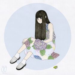  awai880 black_hair blunt_bangs circle dress female floral_print frog full_body grey_footwear hydrangea_print long_hair original print_dress shoes signature sitting sleeveless sleeveless_dress socks solo white_socks 