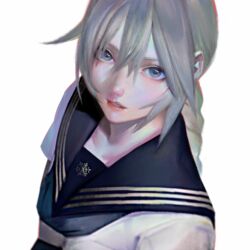  black_collar blue_eyes chromatic_aberration collar collarbone commentary female grey_hair hair_between_eyes lipstick long_hair makeup mi8pq parted_lips red_lips sailor_collar school_uniform sekka_yufu serafuku simple_background solo upper_body utau white_background 