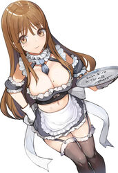  apron arm_garter bare_shoulders black_skirt black_thighhighs blush breasts brown_eyes brown_hair cleavage closed_mouth crop_top female frills garter_straps gloves highres large_breasts long_hair looking_at_viewer maid maid_day maid_headdress midriff mole mole_on_breast mole_under_eye original pupps simple_background skirt smile solo thighhighs tray waist_apron white_apron white_background white_gloves 