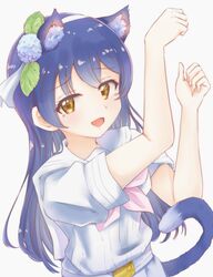  animal_ears blue_hair blush cat_ears cat_tail commentary_request female hair_between_eyes highres kemonomimi_mode long_hair looking_at_viewer love_live! love_live!_school_idol_project omoi_seiji open_mouth paw_pose protected_link short_sleeves simple_background solo sonoda_umi tail white_background yellow_eyes 