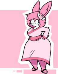  anthro big_breasts breasts cleavage clothed clothing dewbber female fur hair lagomorph leporid mammal pink_body pink_fur pink_hair rabbit solo standing white_body white_fur 