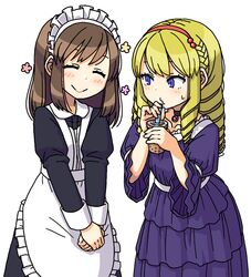  2girls :&gt; blonde_hair blue_eyes brown_hair bubble_tea closed_eyes dress drill_hair drinking_straw frilled_dress frills hairband long_hair maid maid_day maid_headdress maruput medium_hair multiple_girls original own_hands_together smile sweatdrop white_background 