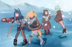  5girls absurdres animal_ears arknights bad_id bad_twitter_id bear_ears commentary dancing english_commentary hair_ornament haqlue highres ice_skates ice_skating inactive_account istina_(arknights) mountain multiple_girls on_ice outdoors projekt_red_(arknights) school_uniform skates skating skating_rink snowing sora_(arknights) star_(symbol) star_hair_ornament sword tail texas_(arknights) weapon wolf_ears wolf_tail zima_(arknights) 