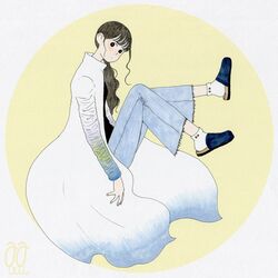  awai880 black_eyes black_footwear black_hair black_shirt blue_pants blunt_bangs circle coat female full_body gradient_coat legs_up long_hair long_sleeves original pants ponytail shirt signature slippers socks solo white_coat white_socks 